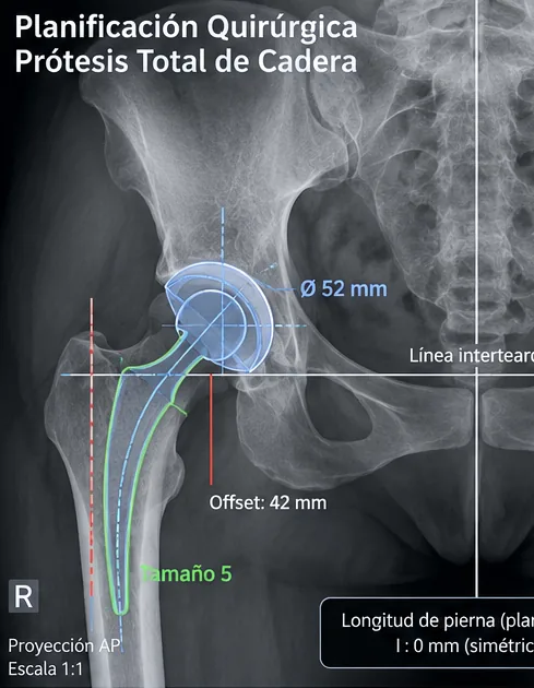 Planificación quirúrgica de una prótesis total de cadera sobre radiografía, con medidas de offset y longitud de pierna